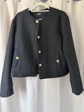 Zara Black Textured Gold-Button Cropped Blazer